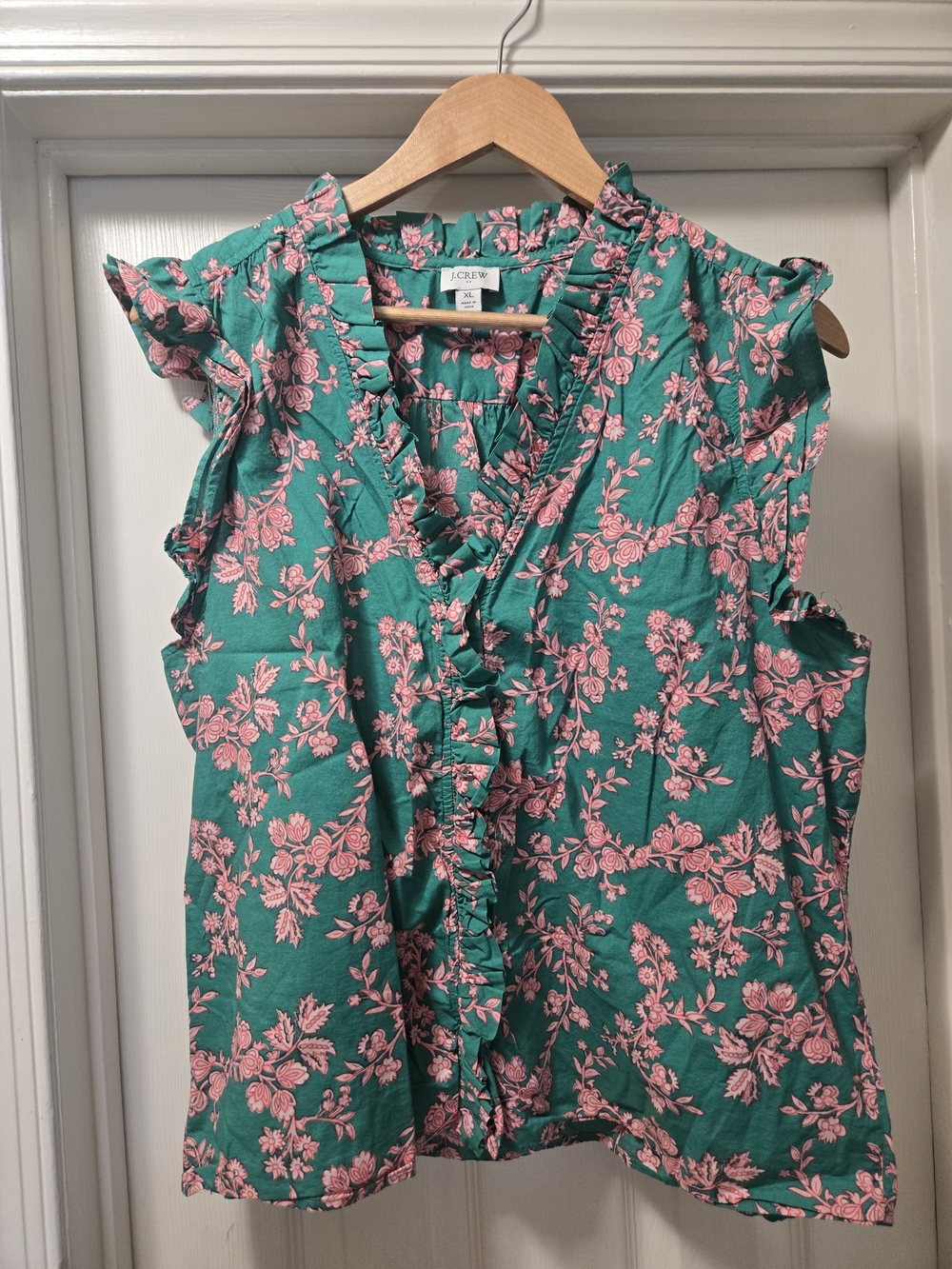 J. Crew Green Floral Ruffle V-Neck Blouse with Pink Print